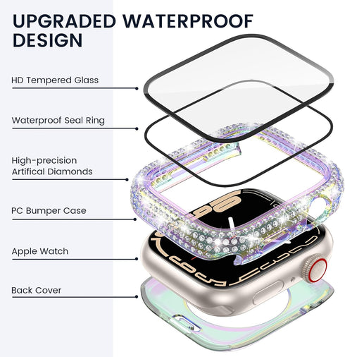 Tensea 2 in 1 Waterproof Apple Watch Screen Protector Case - Series 9 8 7 45mm Hard Diamond Bumper with Glass Film
