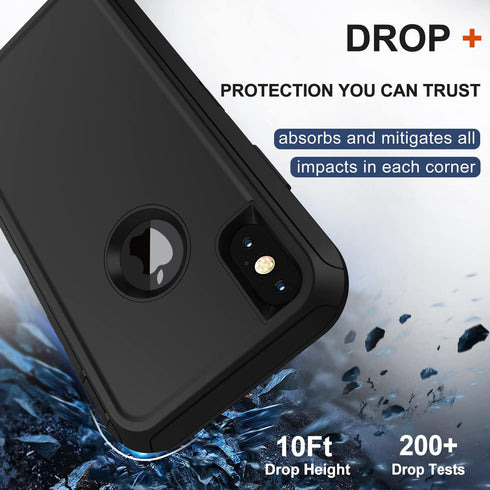 iPhone X/Xs Case with Belt Clip Holster, 2X Screen Protector, Military Grade Shockproof Heavy Duty Rugged Cover (Black)