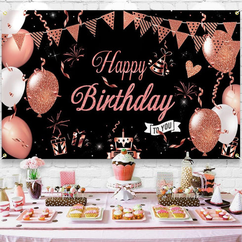 KOKAR Happy Birthday Decorations Banner, Large Black and Rose Gold Sign for Girls Women Birthday Party