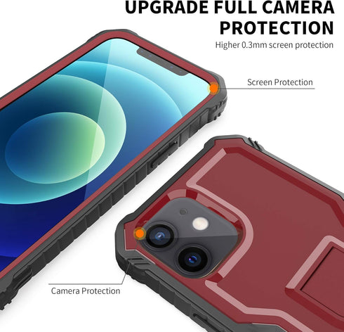 DUOPAL iPhone 12 Case, Military Grade Protection Shockproof with Tempered Glass HD Screen Protector, Red