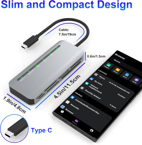 7-in-1 USB C Multi Card Reader, Aluminum SD/Micro SD/CF/MS/XD, 5Gbps High Speed for 5 Cards Simultaneously