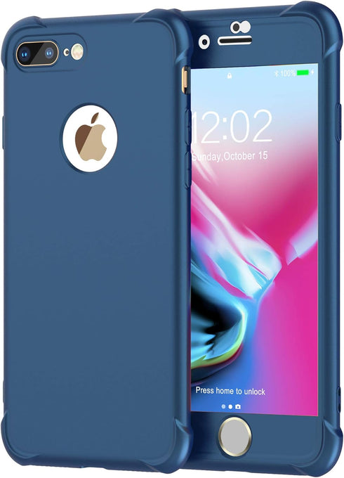 ORETECH iPhone 8 Plus/7 Plus Case with 2 Pack 9H Tempered Glass Screen Protector, 360° Full Body Hard PC Silicone - Blue