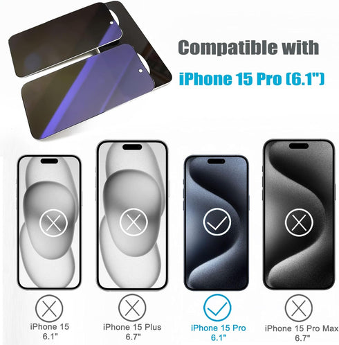 2 Pack Privacy Screen Protector for iPhone 15 Pro with Alignment Frame, Anti-Spy Anti-Blue Light Tempered Glass