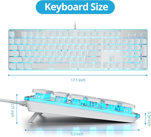 Owpkeenthy White Typewriter Gaming Keyboard Full-Size Quiet Keyboard with Ice Blue Backlit Light Up