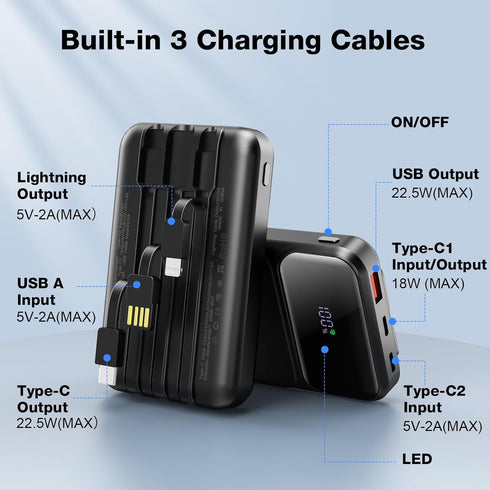 10000mAh Portable Charger with Built-in Cable, PD 22.5W Fast Charging Battery Pack