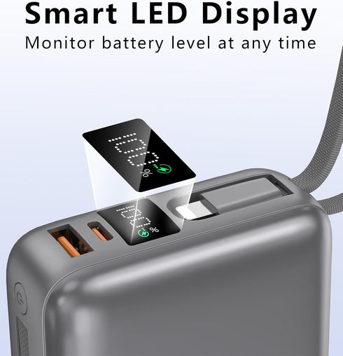 VINKO 22.5W 20000mAh Pack Portable Charger with Built in Cable Power Bank Fast Charging USB C in & Out LED Display