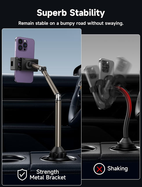 JSAUX Car Cup Holder Phone Mount, Metal Long-Arm Ultra Stable Holder for Car Cupholders, Adjustable for iPhone 16 15