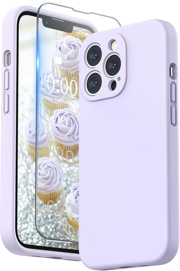 SURPHY Liquid Silicone Case for iPhone 13 Pro (6.1", 2021) - Light Lavender, with Screen Protector & Camera Protection.