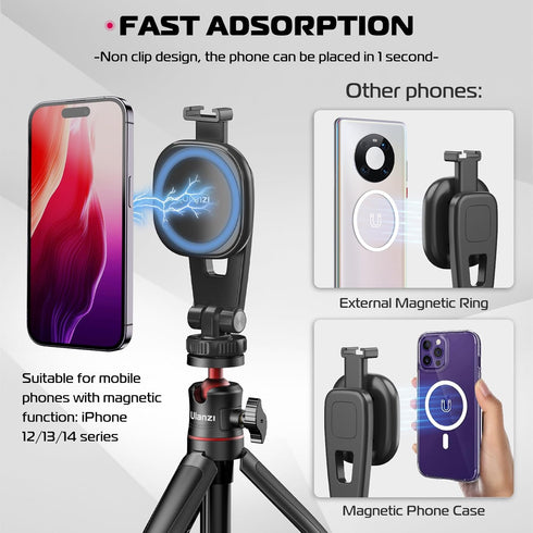ULANZI Magnetic iPhone Tripod Mount MA23, Magnet Phone Holder Adapter for MagSafe, iPhone 12-14