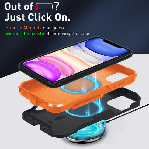 iPhone 11 Magnetic Case with Tempered Glass Screen Protector & Camera Lens Protector - MagSafe Compatible (Black/Orange)