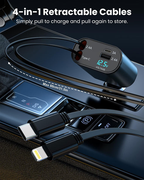 4 in 1 Retractable Car Charger, 60W Fast Phone Charger with Cord, Compatible with iPhone 15/14/13/12/11 Pro Max