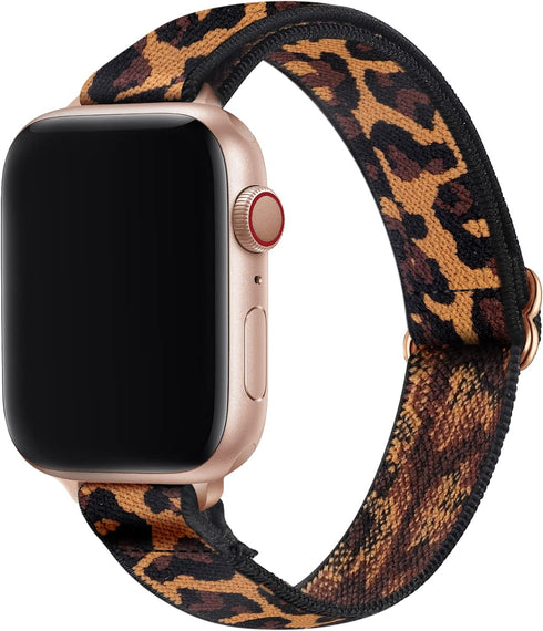 SICCIDEN Slim Stretchy Bands Compatible with Apple Watch Band 49mm 45mm 44mm 42mm, Women Nylon Thin Strap for iWatch Ultra 2/1 SE2 SE Series 9 8 7 6 5 4 3 2 1 (Leopard/Rose Gold, 49mm 45mm 44mm 42mm)