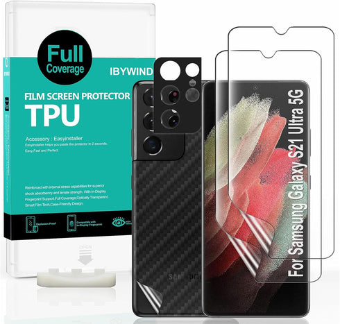 Ibywind Screen Protector for Samsung Galaxy S21 Ultra 5G 6.8" - 2Pcs Flexible TPU, Camera Lens & Back Carbon Fiber Film.