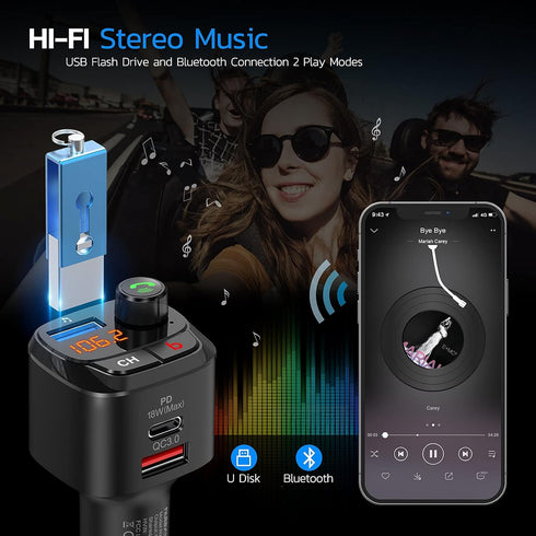 Nulaxy Bluetooth 5.0 FM Transmitter for Car, QC3.0 & USB-C PD 18W Wireless Radio Adapter with Bass Booster, Hands-Free