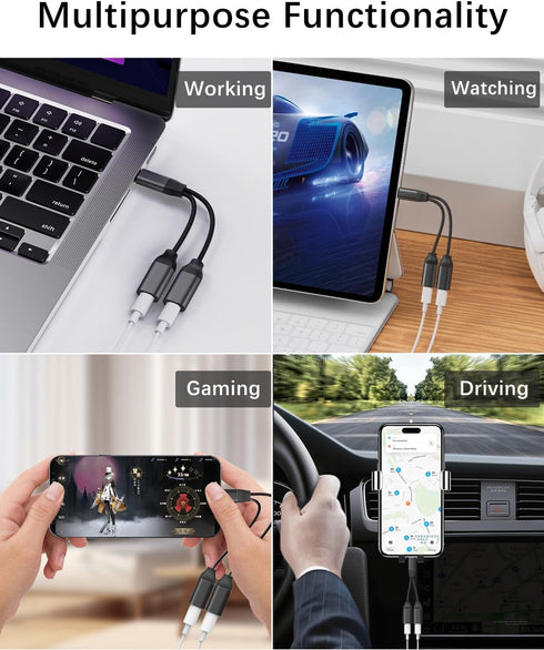 Dual USB C Headphone and Charger Adapter, 2-in-1 Type C Audio Adapter with Fast Charging for iPhone 15 Series, Samsung