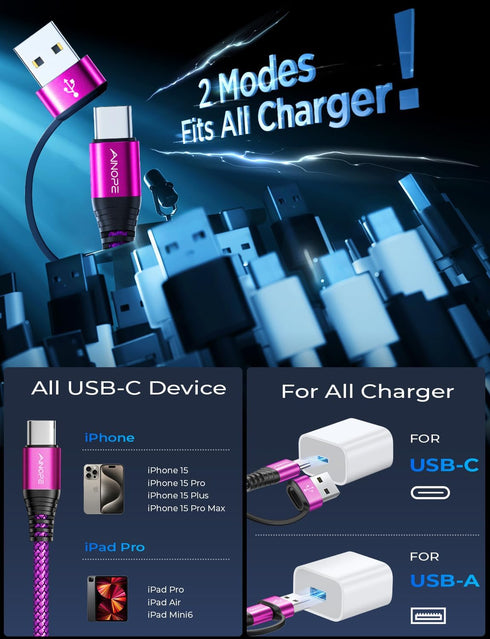 AINOPE 10FT USB C to USB C Cable - Fast Charging for iPad Pro, iPhone 15 Pro Max, MacBook, Samsung Galaxy S24.