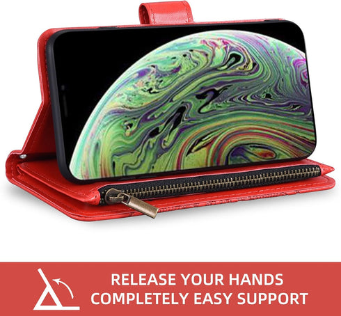 Asuwish iPhone Xs Max Wallet Case: Flower Leather Flip, TPU, Tempered Glass Protector, Credit Card Holder, Red.
