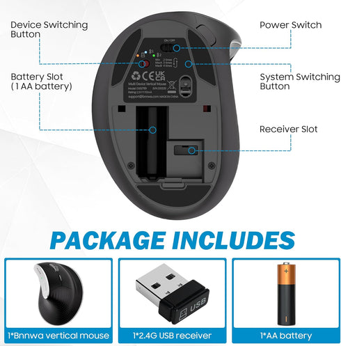 Wireless Vertical Ergonomic Mouse, Multi-Device Bluetooth + 2.4G Connection, 4 Adjustable DPI for PC, Laptop, Black