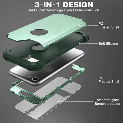 IDweel for iPhone 8 Case with Tempered Glass Screen Protector, 3 in 1 Shockproof Slim Hybrid Heavy Duty Cover