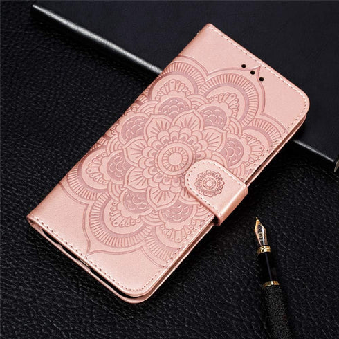 Samsung Galaxy A20S Case, Stylish PU Leather Wallet with Stand, Credit Card Slot, Shockproof Flip, Rose Gold Sunflower