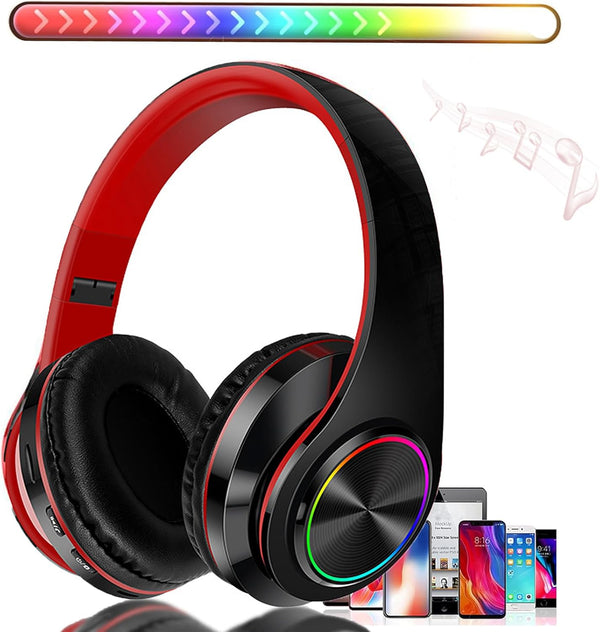 Bluetooth Wireless Over Ear Headphones, HiFi Stereo Sound Foldable Headphones with Colorful LED Lights, Built-in Mic,