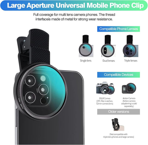RiNTREE 67mm CPL Filter for iPhone & Android, Phone Polarizing Lens Kit with Clip-On Adapter to Eliminate Glare