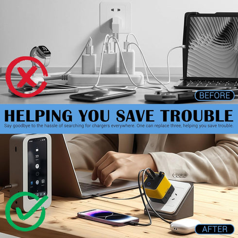 WoTeReVo 80W 3-in-1 2 3.0 4.0 15/16/17, GaN Fast Charger with Retractable USB-C Cable Wall Charger Block with Built