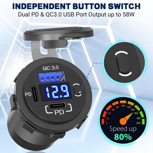 12V USB Panel Cigarette Lighter Socket with Rocker Switch: Qidoe Multiport 58W 12V USB Outlet with LED Voltmeter 150W Cigarette Lighter Splitter 12V Plug DC Outlet 3 in 1 Panel for Car Marine RV Truck