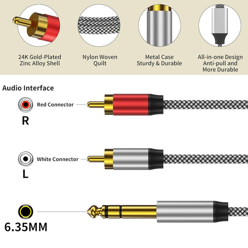 RCA to 1/4 Cable 3FT, 1/4 TRS to RCA Y Splitter Audio Cable for Home and Studio Use