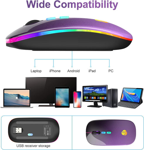 LED Wireless Mouse, Bluetooth & 2.4GHz Connection, Rechargeable Ultra Silent Slim Design, USB-C Adapter (Black-purple)