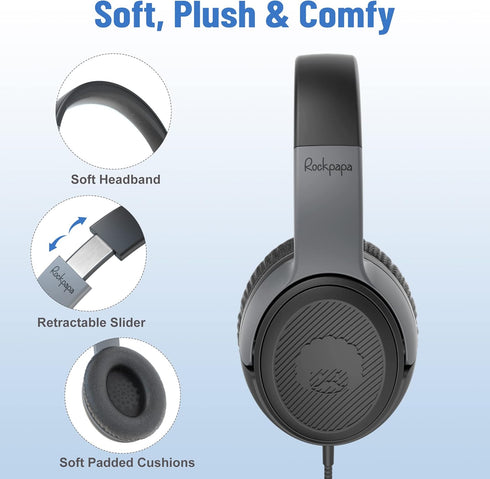 rockpapa Share 1 Kids Headphones Wired with Microphone & Share Port, 85dB/94dB Volume Limited, Black/Grey