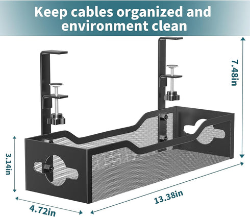 Under Desk Cable Management Tray 2 Pack, No Drill Desk Cable Organizer with Clamp for Standing Desk Wire Management