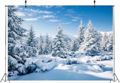 BELECO 5x3ft Fabric Winter Snow Forest Backdrop, Majestic White Xmas Tree Scene for Christmas New Year Event