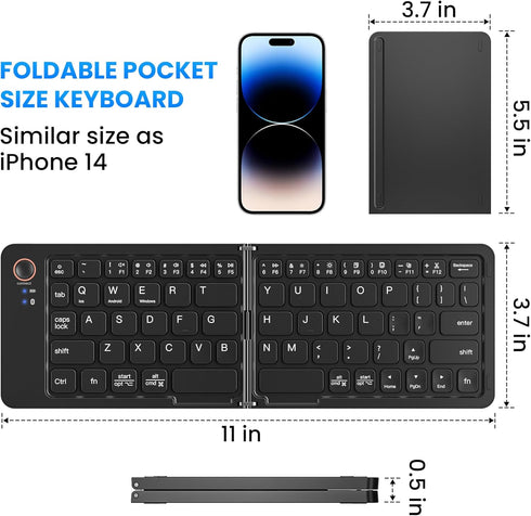 Mini Foldable Bluetooth Keyboard, Portable Wireless Full Size Keyboard (Sync Up to 3 Devices) for iPhone iPad Mac