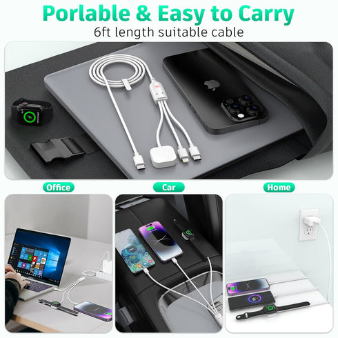 USB C 100W Multi 3-in-1 Fast Charge Cable, Apple Smart Watch Charger, Lightning + Type-C Combo, 6FT
