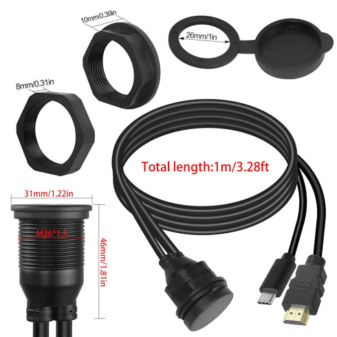 QIANRENON USB C & HDMI Waterproof Cable Adapter, 4K@60HZ, 1m/3.3ft for Car, Dashboard, Desk, USB C 2.0 + HDMI 1.4