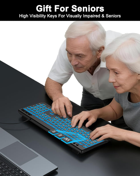 EDJO 7-Colors Large Print Backlit Wired Keyboard, Light Up USB Keyboard with Backlight, Oversize Letters Keys Full Size