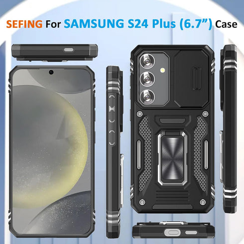 Samsung Galaxy S24 Plus Phone Case with Camera Lens Cover & Ring Holder Kickstand, Magnetic Car Mount Compatible (Black)