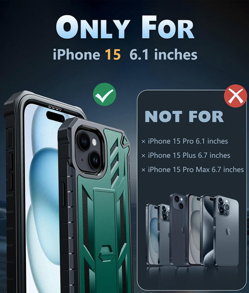 FNTCASE for iPhone 15 Phone Case: Military Grade Shockproof Full Protection Hard Phonecase with Kickstand - Dual Layer Matte Textured Drop Proof Rugged Protective Cover - 6.1 Inch Green
