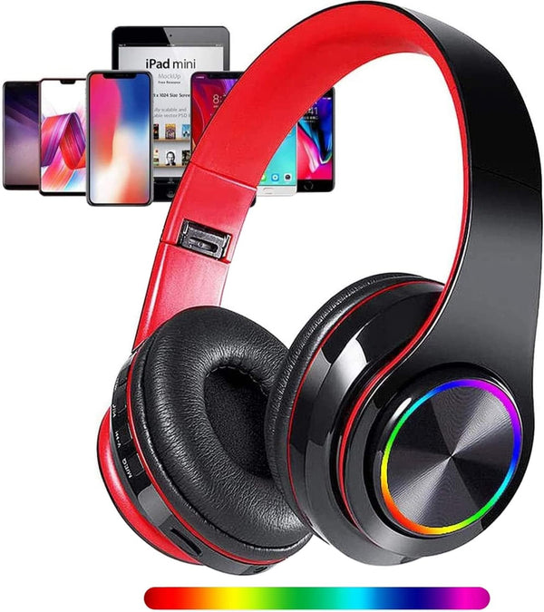 Wireless Bluetooth Headphones with Colorful LED Lights, Foldable HiFi Stereo for Home Office and Kids (Black Red)