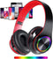 Wireless Bluetooth Headphones with Colorful LED Lights, Foldable HiFi Stereo for Home Office and Kids (Black Red)