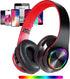 Wireless Bluetooth Headphones with Colorful LED Lights, Foldable HiFi Stereo for Home Office and Kids (Black Red)