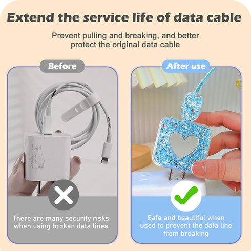 Bling DIY Cable Protector for iPhone Power Adapter, Cute Sparkle Love Heart Design, USB Case Wire Cable Saver (Blue)