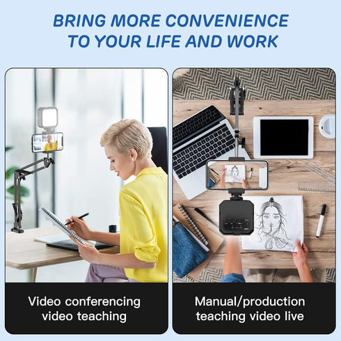 Overhead Phone Mount, Articulating Arm Cell Phone Holder with LED Light, Flexible Phone Stand for Live Streaming, Video