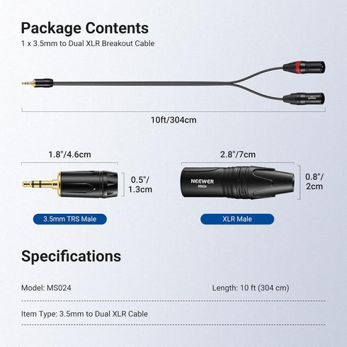 3.5mm 1/8 Inch 10ft MP3 MS024 NEEWER TRS AUX to Dual XLR Breakout Cable, Male to Male Audio Cord Adapter Connector