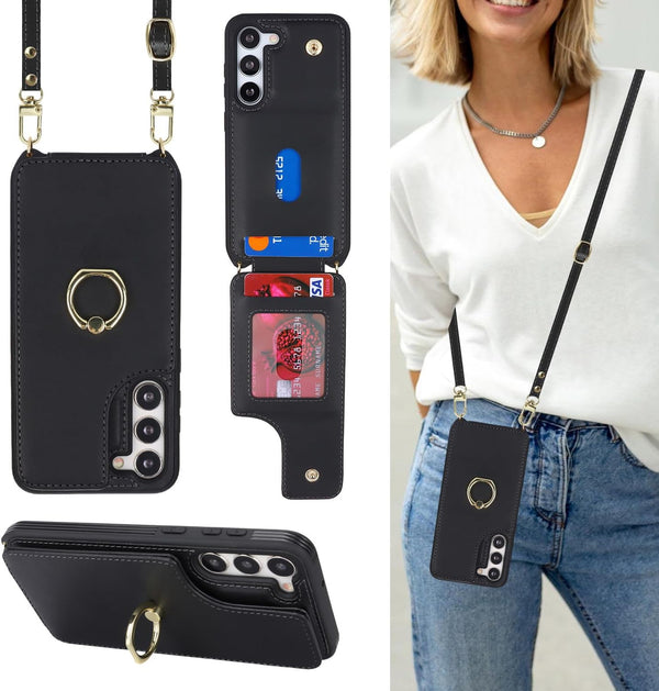 for Samsung Galaxy S23 Case with Card Holder and Strap for Women, Black Crossbody Lanyard Phone Wallet Case