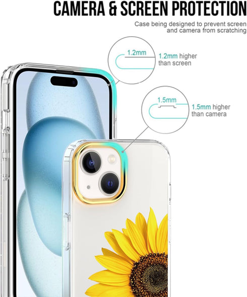 BAISRKE iPhone 15 Plus Clear Case 6.7" (2023) - Slim Shockproof Bumper, Sunflower Design + 2 Screen Protectors & 1 Lens