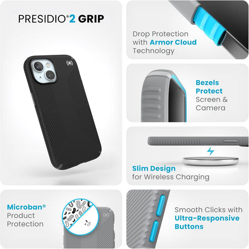 Speck Presidio2 15 6.1 inch 14/13 Grip iPhone Case - - Compatible with iPhone - Black/Slate Grey/White