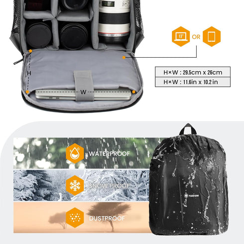 TARION Professional Camera Bag, Waterproof Backpack with Laptop Compartment for DSLR SLR Mirrorless Photography, Grey