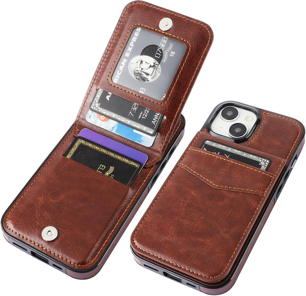 KIHUWEY iPhone 15 Case Wallet with Credit Card Holder, Premium Leather Magnetic Clasp Kickstand (Brown)